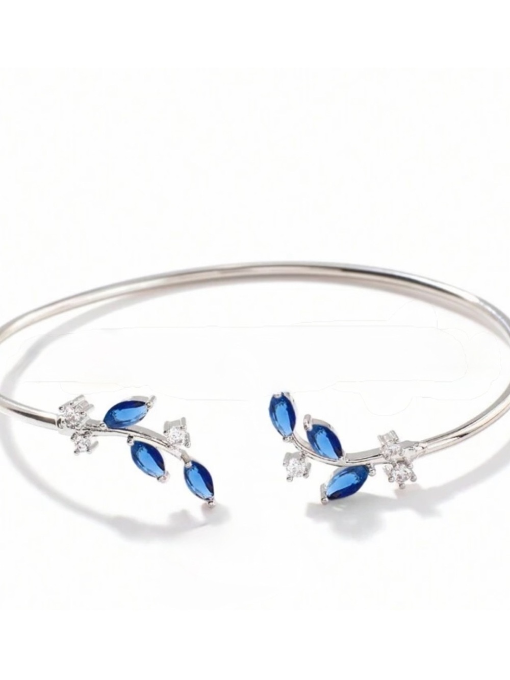 Open Silver Bangle Bracelet with Blue Marquise Stones